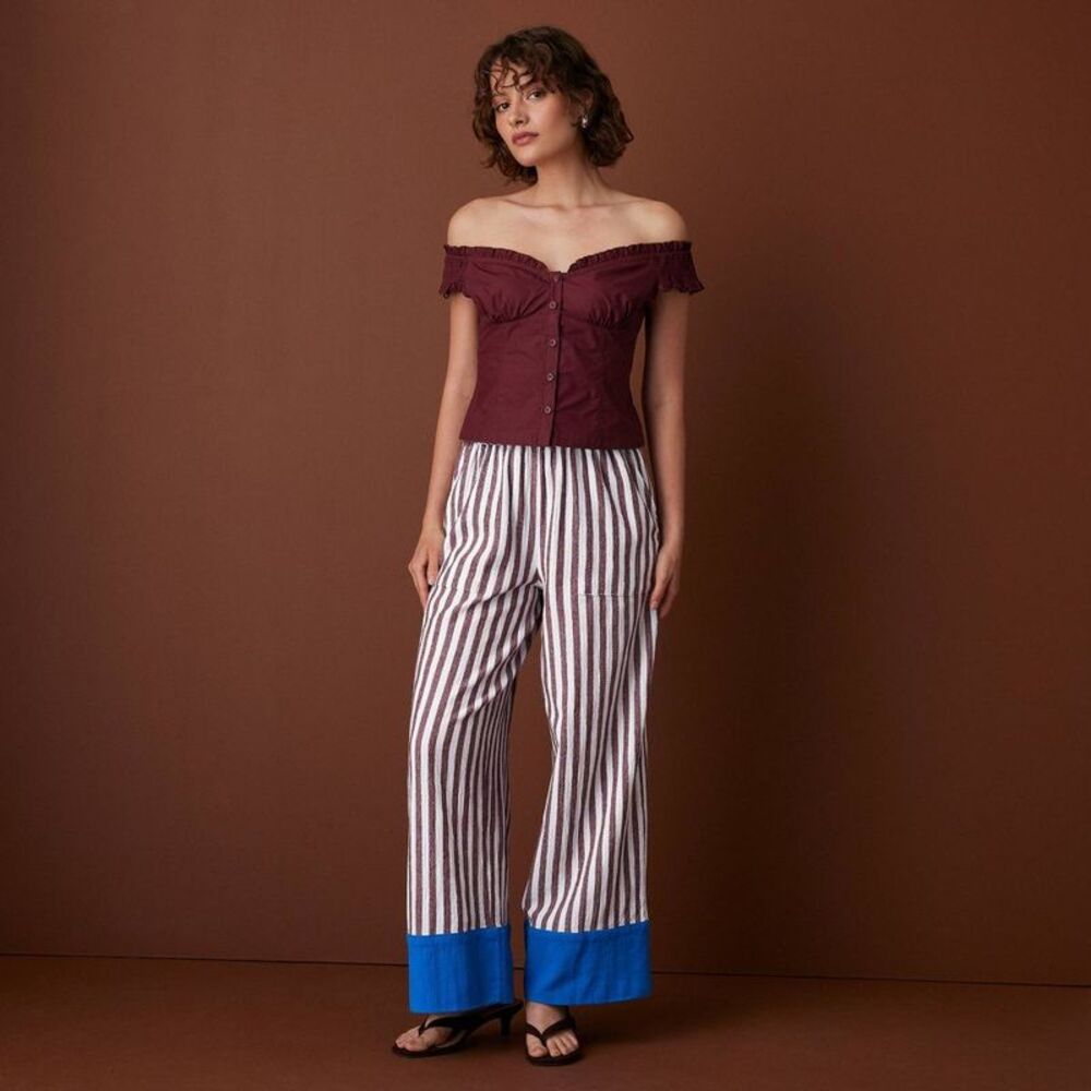 Women's Striped Drawstring Wide Leg Pants - Rosie Assoulin Burgundy/Blue L - Picture 2 of 4